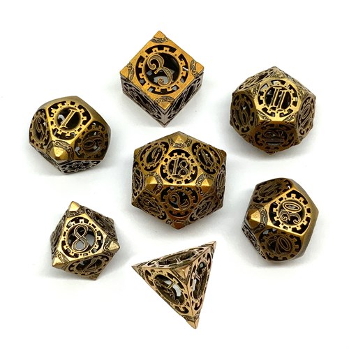 Кубики ДнД (7 шт) металлические / Дайсы для DnD / Dungeons & Dragons / RPG / Бронзовые шестерни DND-124 - фото 153894
